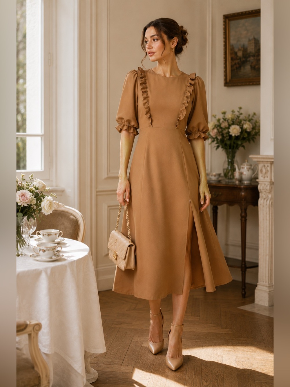 Brown Ruffled Maxi Dress with Bishop Sleeves